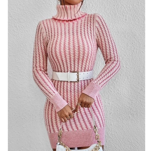 long sleeved Turtleneck Sweater Cable Knit Dress Pink - Picture 2 of 7